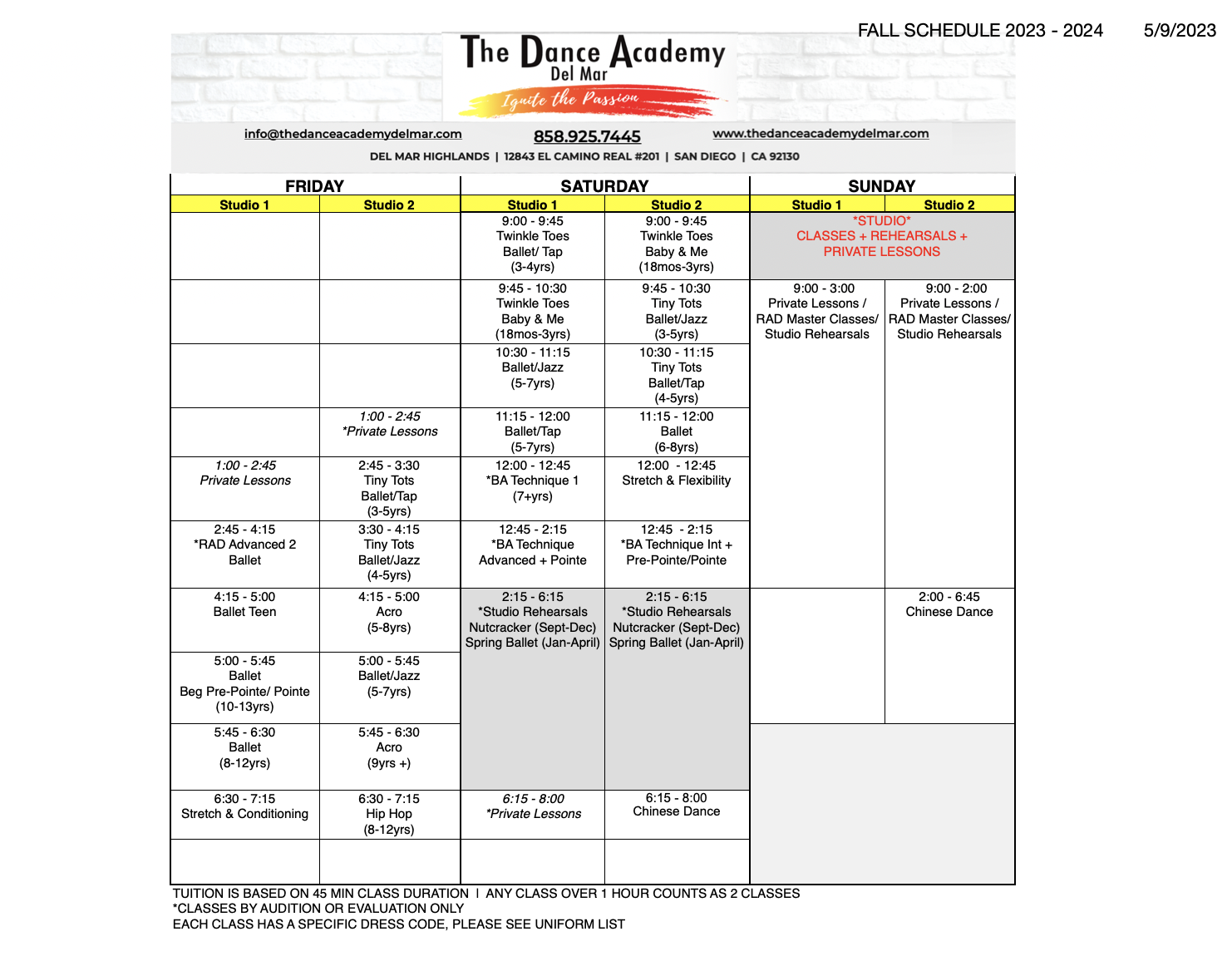 Schedule The Dance Academy Del Mar